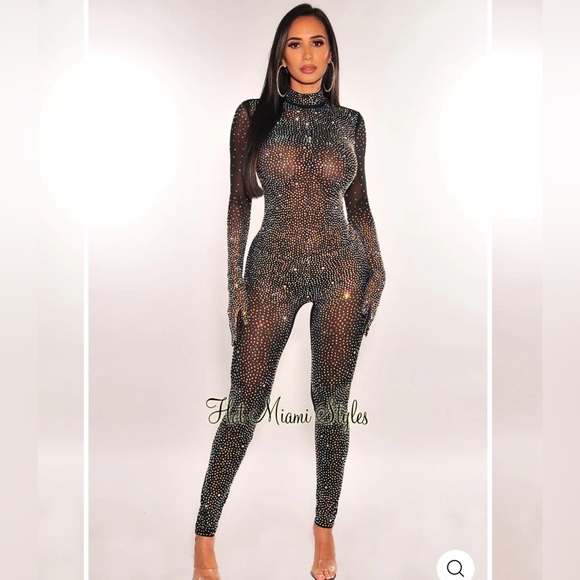 Hot Miami Styles Size Medium Black mesh Rhinestone Bodysuit jumpsuit - Picture 2 of 3